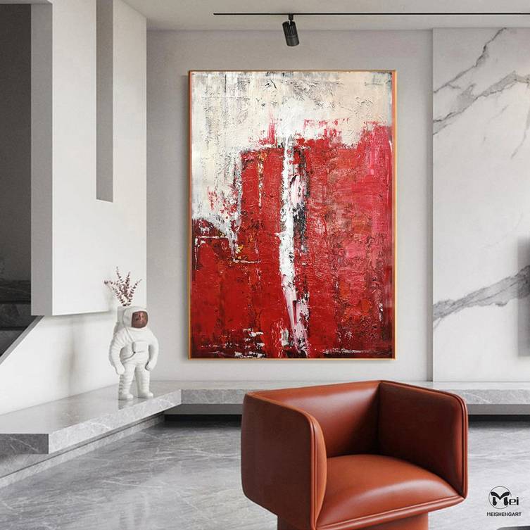 White Original Hand-painted Dining Red Abstract Canvas Artwork 0DZM6